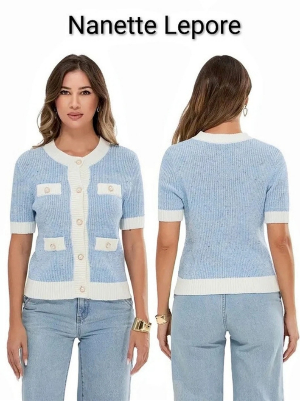 NWT Nanette Lepore Short Sleeve Knit Cardigan in Blue & White Size L
